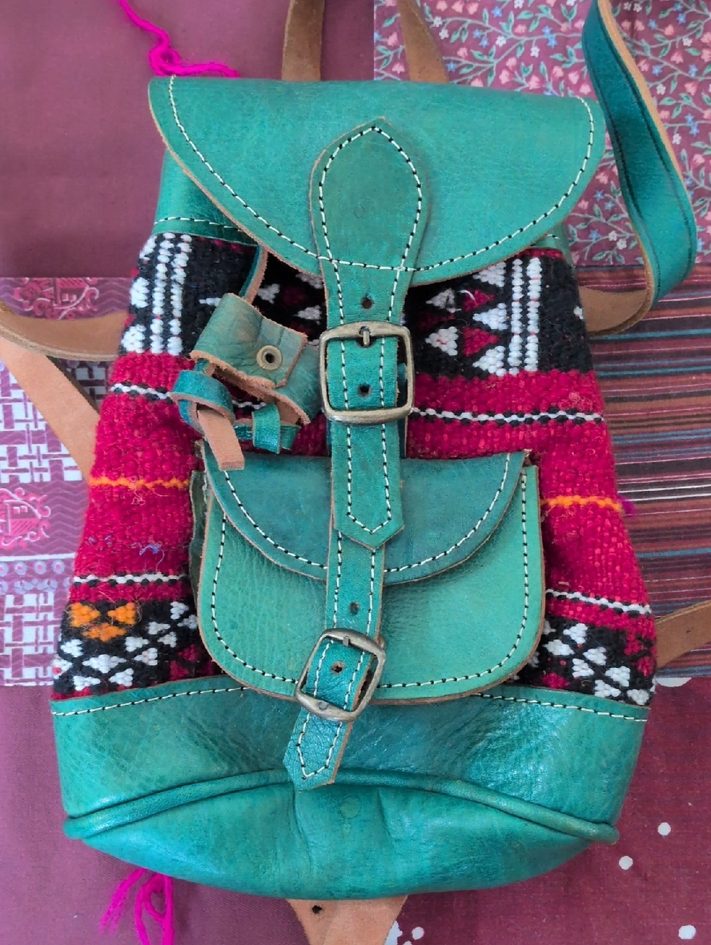 Handmade Turquoise Leather & Woven Accent Women's Backpack